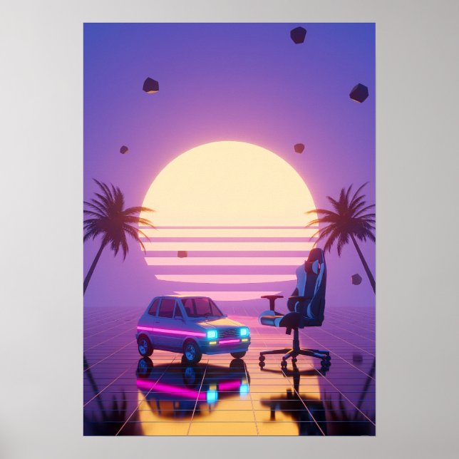 Poster Cadeira de Jogo e Carro Retro Vaporwave (Frente)