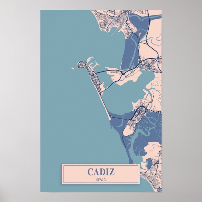 Poster Cádis Espanha Mapa da Cidade Ventilada Viagem (Frente)