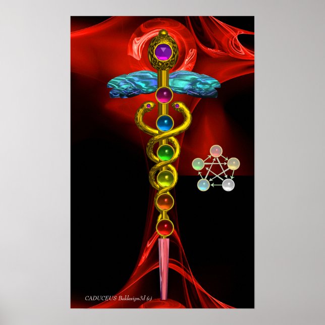 PÓSTER CÁDUCEO DE OURO E 7 CHAKRAS EM ROSA FRACIONAL VERM (Frente)