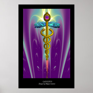 Póster Caduceu Médico Dourado Símbolo Roxo Verde Preto