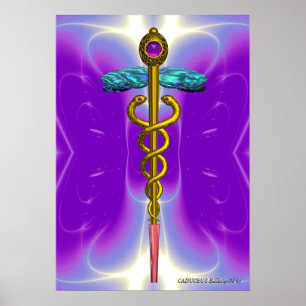 Póster Caduceu Médico Dourado Símbolo Ultra Violeta Roxo