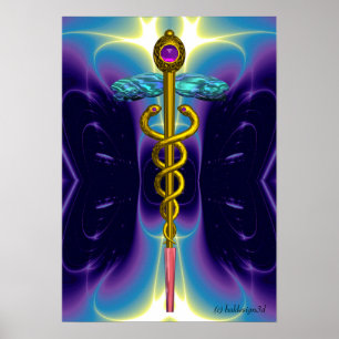 Póster Caduceu Médico Símbolo GOLD Roxo Ondas Azuis