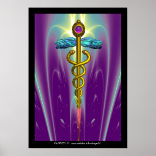 Póster Caduceu Médico Símbolo GOLD Roxo Ondas Verdes