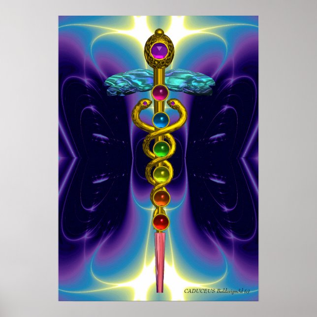 Póster CADUCEUS E 7 CHAKRAS, ametísta vibrante do ouro (Frente)