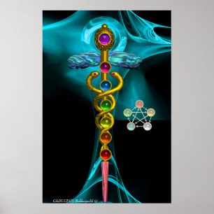 Poster CADUEUS Dourados E 7 CHAKRAS EM ROSA FRACTAL AZUL