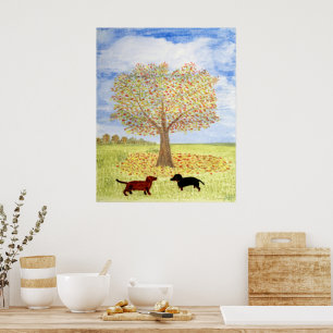 Póster Cães Dachshund Caminhada pela Árvore de Outono
