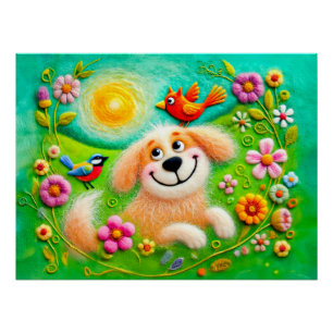 Póster Cães de Arte Relaxando em um Jardim Colorido