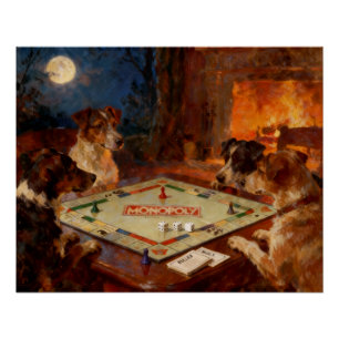 Póster Cães Engraçados e Fofos Jogando um Jogo de Tabulei
