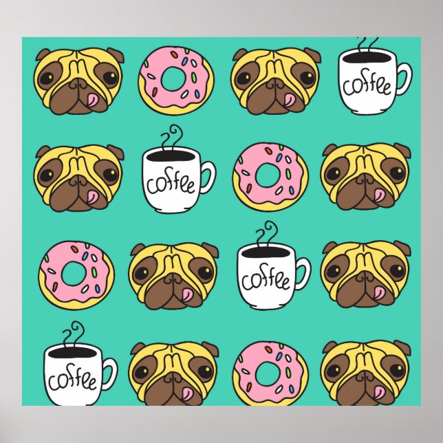 Poster Cães engraçados, rosquinhas, padrão de café. (Frente)