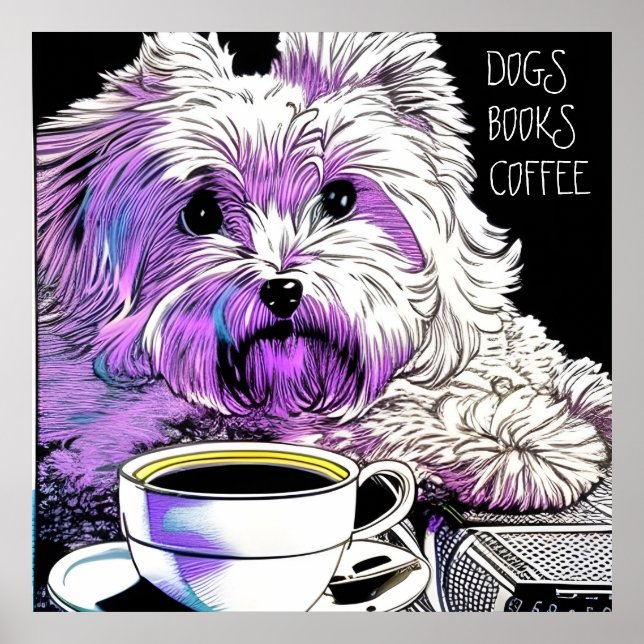 Poster CÃES Fluffy Beaumont, LIVROS, COFFEE Texto editáve (Frente)