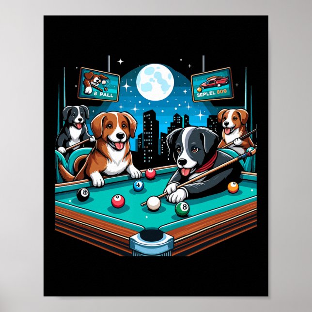 Poster Cães Jogando Piscina Bilhar Mesa 8 Bola (Frente)
