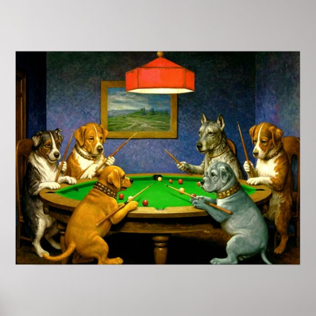 Poster Cães Jogando Sinuca Bilhar Brincadeira Divertida (Frente)
