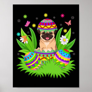 Poster Cães Pug Feliz Páscoa Coelho Caça ao Ovo Pug Pásco