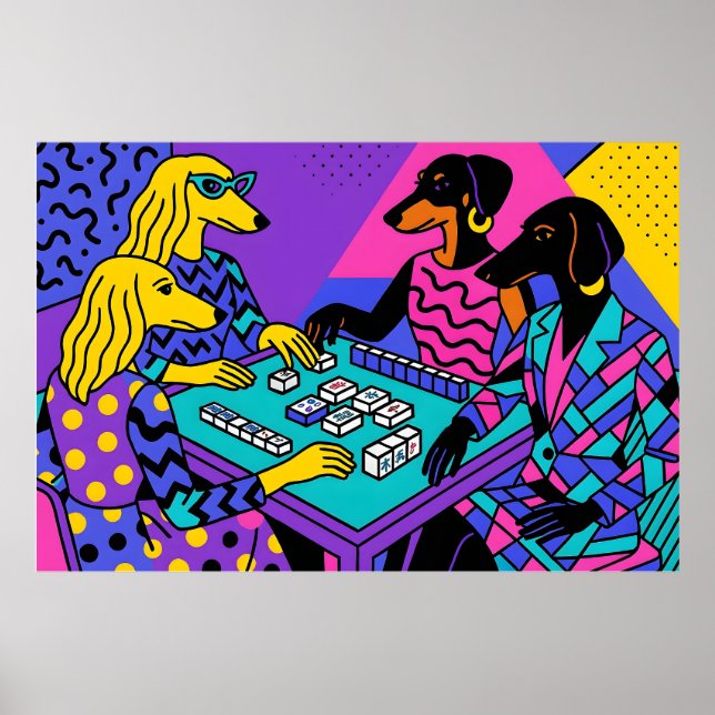 Poster Cães retrô jogando Mahjong (Frente)