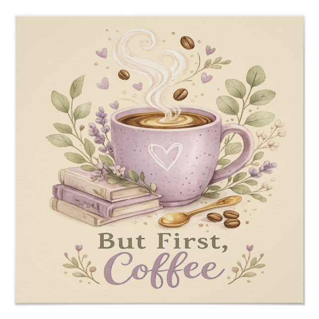 Póster Café Aquarela Lavanda Aconchegante (Frente)