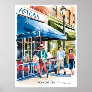 Poster Café Astoria Xadrez Aquarela