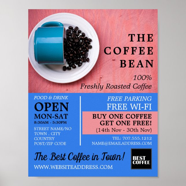 Poster Café Bean Mug, Barista, Café, Coffeehouse Advert (Frente)