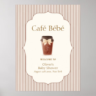 Poster Café Bébé com Listra Marrom Chá de Bebê Bem-vindo