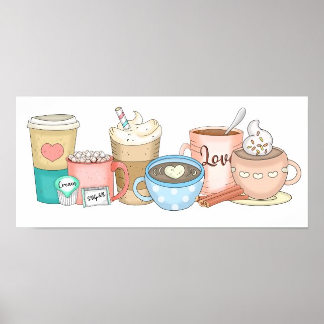Poster Café branco desenhado à mão e cacau quente (Frente)