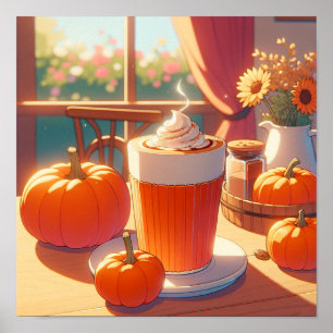 Poster Café com especiarias de abóbora retrô anime dos an