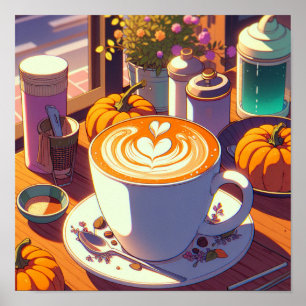 Poster Café com especiarias de abóbora retrô anime dos an
