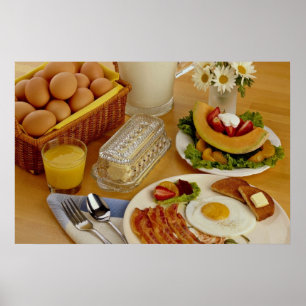 Póster Café da manhã de bacon, ovos e jarro de leite