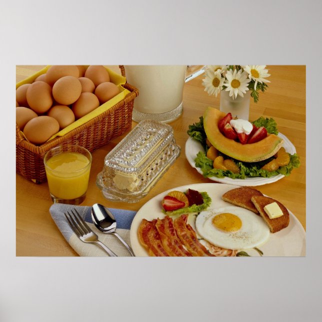 Póster Café da manhã de bacon, ovos e jarro de leite (Frente)