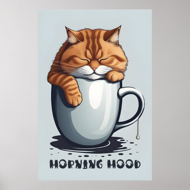 Poster Café De Gato Da Manhã, Arte Digital De Gato Engraç (Frente)