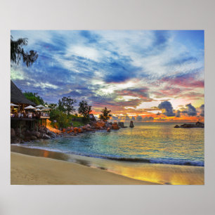 Póster Café Em Praia Tropical Em Sunset