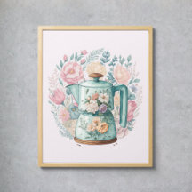 Café Floral Rosa Kettle Watercolor Kitchen