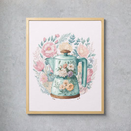 Poster Café Floral Rosa Kettle Watercolor Kitchen