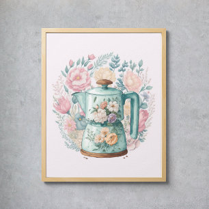 Poster Café Floral Rosa Kettle Watercolor Kitchen