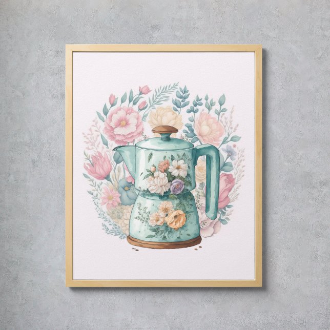 Poster Café Floral Rosa Kettle Watercolor Kitchen (Pink Floral Coffee Kettle Watercolor Kitchen Poster
)
