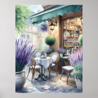 Poster Café Parisiense com Flores de Lavanda