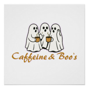 Póster Cafeína e Boo - Cute Coffee Ghost Halloween Des