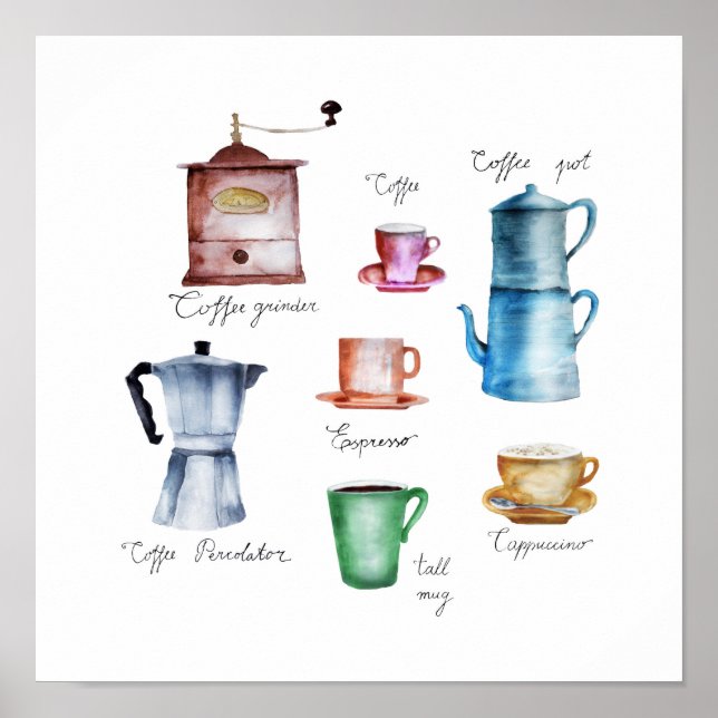 Poster Cafeteira de aguarela, moedor, xícara, caneca, caf (Frente)