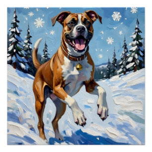 Póster Caixa de Cão Energetico Saltando na Neve de Invern