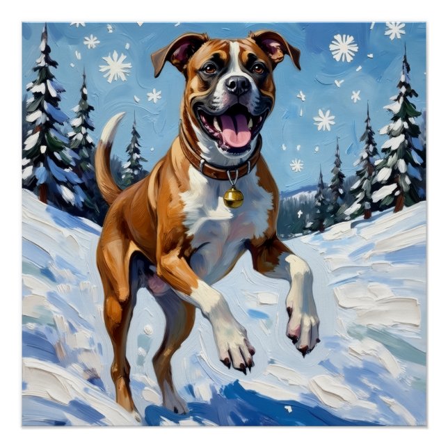 Póster Caixa de Cão Energetico Saltando na Neve de Invern (Frente)