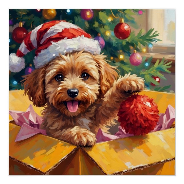 Póster Caixa Surpresa de Natal com Cachorro Cockapoo (Frente)