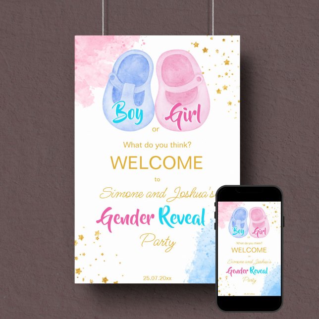 Poster Calçados de bebês Menino ou Gênero de menina revel (Gender reveal party welcome sign template poster instant download pink and blue baby shoe gold)