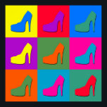 Póster calçados pop<br><div class="desc">Ilustração de calçados de alto salto sobre fundo em relevo colorido</div>