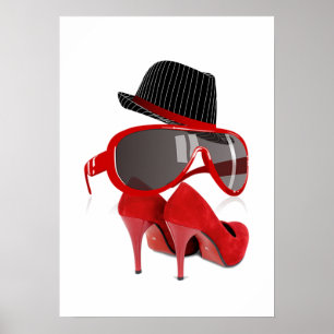Póster Calçados & vidros vermelhos do chapéu das senhor