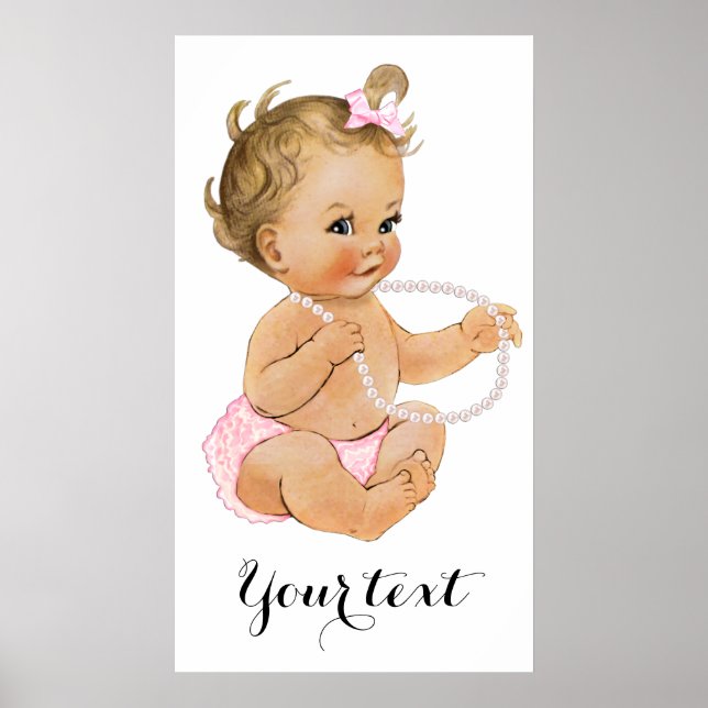 Póster Calças com Babados Rosa Pérolas Menina Chá de Bebê (Frente)