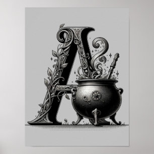 Poster Caldeirão de Bruxa Letra A Inicial Personalizada 