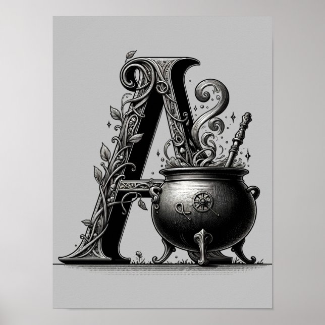 Poster Caldeirão de Bruxa Letra A Inicial Personalizada  (Frente)
