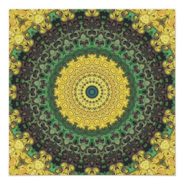 Póster Caleidoscópio Amarelo e Verde Padrão de Mandala (Frente)