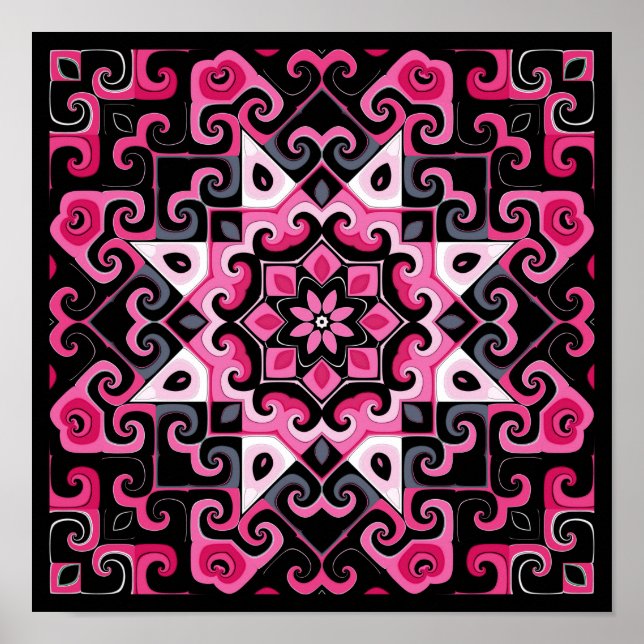 Poster Caleidoscópio com Estrelas Rosa e Negra (Frente)