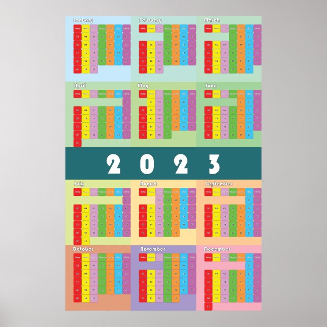 Poster calendário 2023 dias da semana cor mês (Frente)