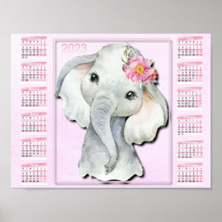 Poster Calendário 2023 Para Crianças, Elefante De Aquarel