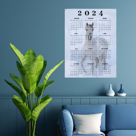 Poster Calendário 2024 Cavalo Branco Árabe Elegante na Ne